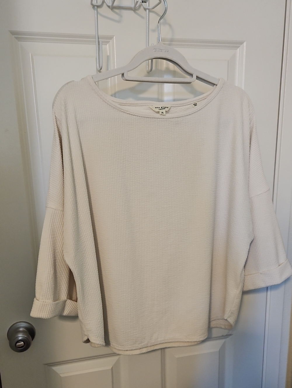 Max Studio Cream Waffle-Knit Boxy Long Sleeve Top